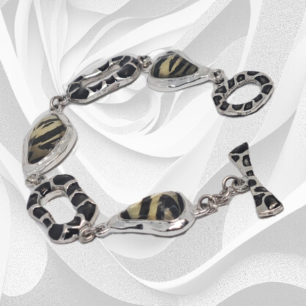 Animal Print Silver Tone Bracelet with Gold/Black Rhinestones